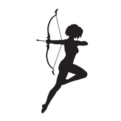 Wall Mural - silhouette of a fantasy female warrior archer aiming at her target from a distance. equipped with a bow.