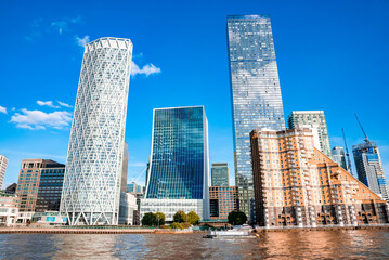 Corporate Office buildings in Canary Wharf, London. Close up view of the skyscrapers in London, UK.