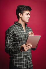 Teacher, tutor, blogger, tech savvy or student pointing at the t