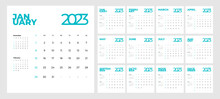 Minimalist Style Monthly Calendar Template For 2023 Year. English Calendar. Week Starts On Sunday. Set Of 12 Months. Page With Previous, Current And Future Month. Square Calendar For Print