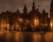Medieval Castle With Lit Lamps Illuminating The Ground At Night