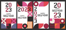 2023 Happy New Year Posters Set. Vector Design Templates On Geometric Style.Minimalistic Trendy Backgrounds