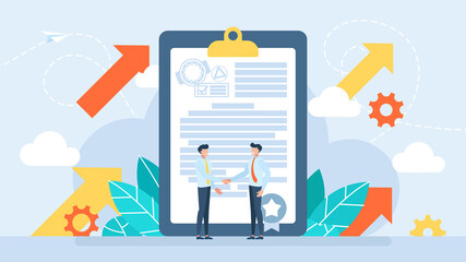 Wall Mural - Partnership Concept. Handshake of two businessmen. Business people shaking hands over contract reaching an agreement. Successful partners standing and closing deal. Handshake. Flat illustration