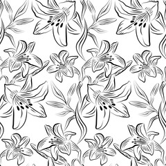 Wall Mural - Seamless pattern with black outline of lily flowers and buds on a white isolated background. Linear illustration of lily. Floral background with painted flowers. Design of textiles, fabric, wallpaper.