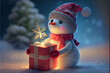 a snowman with a hat and a red scarf, holding a beautiful gift box.