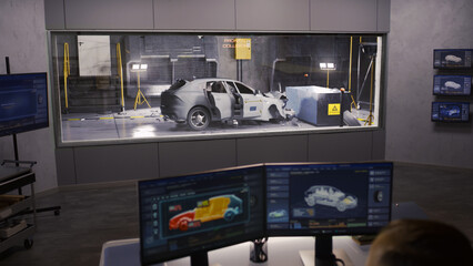 An engineer in a crash test lab uses a car crash test system to simulate a traffic accident, to obtain the safety parameters of an eco-friendly cutting edge electric vehicle being developed.