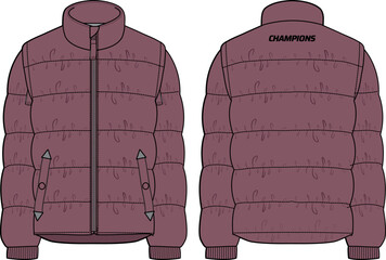 Down puffa Hoodie jacket design flat sketch Illustration, Padded Hooded jacket with front and back view, Soft shell winter jacket for Men and women for outerwear in winter.