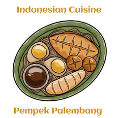 Wall Mural - Pempek Palembang. Savory fish cakes in spicy vinegar sauce from Indonesian .Served with noodles and cucumbers in small ceramic bowls