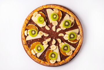 Wall Mural - pizza with chocolate, sweet fruits, banana, kiwi, orange, pear. on a white background