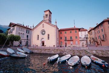 Wall Mural - Travel by Italy. Old harbor and promenade of Torno town on the Como Lake.