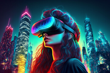 Wall Mural - illustration of a women wearing VR headset  with cyber  theme background 