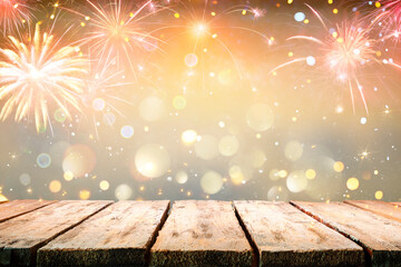 Wall Mural - celebration table with fireworks with abstract defocused lights