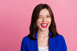 Close up photo of stunning nice positive lady wear blue trendy clothes red lips blink eyes good mood isolated on pink color background
