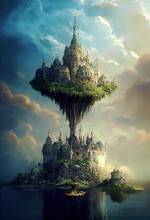 Fairy Tale Fantasy Castle Floating On A Cloudy Sky