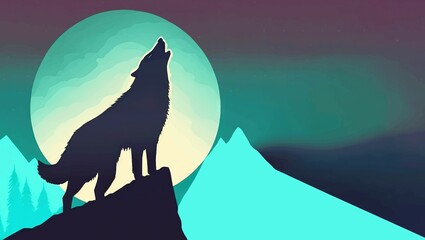 Poster - Illustration of a howling wolf on a mountain on the background of the moon, in green and blue colors