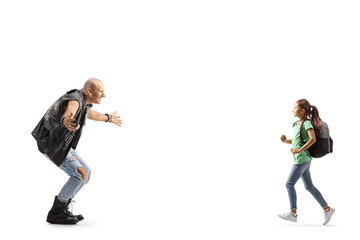 Poster - Full length profile shot of a female pupil running to hug a rock music star