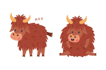 Wall Mural - Cute Yak Character with Dense Fur and Horns Sitting and Saying Moo Vector Set