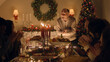© Framestock - Elderly grandfather tells joke or life story to his large multi cultural family. They celebrating Christmas. Served table with dishes and candles. Warm atmosphere of family Christmas dinner at home.