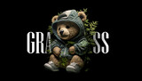 Plush cute bear doll in an embrace with a marijuana bush on a black background. For street style t shirt design graphic. Vector illustration