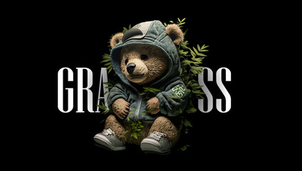 Poster - Plush cute bear doll in an embrace with a marijuana bush on a black background. For street style t shirt design graphic. Vector illustration