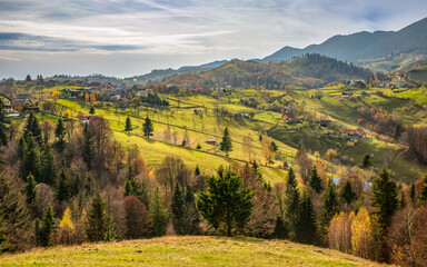 Wall Mural - Beautiful landscape with Carpathian Mountains in Brasov county Romania captured in autumn 