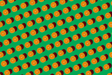 Orange pattern on a green background. Pop art design, creative citruses. Yellow lemon, minimal flat style.