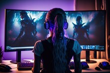 Gamer Girl On Her Gaming Computer With A Purple Colour Scheme And Big Neon Headphones