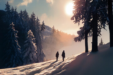 two people hiking in the snowy forest