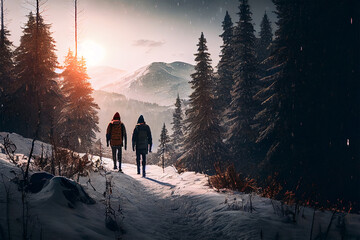 two people hiking in the snowy forest