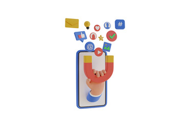Hand holds a magnet for  Social network promotion. Digital social marketing. Mobile phone with social network interface