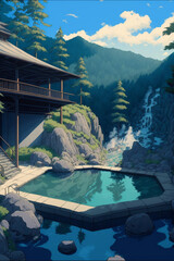 Poster - Hot water Swimming pool on hotel in mountain