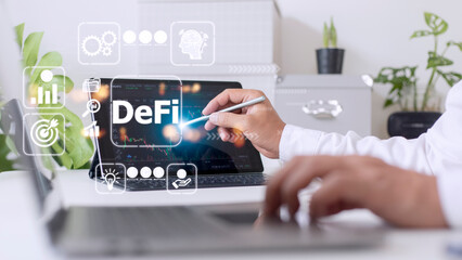 DeFi Decentralized Finance. Technology blockchain cryptocurrency concept