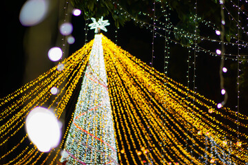 Wall Mural - Scene of blurred and bokeh Christmas tree lighting on night time background.