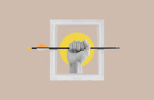Digital Collage Modern Art. Hand Holding Arrow In Picture Frame