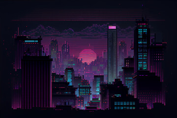 Wall Mural - Pixel art of a cyberpunk city at night, 8 bit art