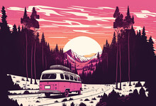 Retro Postcard Of A Traveling Pink Van Crossing The Road On A Beautiful Forest At Sunset With Pink Tones