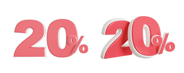 3d render 20 percent discount red and white numbers isolated transparent background