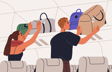 Passengers Placing Hand Baggage, Personal Carry-on Luggage On Overhead Bin, Shelf In Air Plane. People Putting Bags, Suitcases, Backpacks On Top Storage, Over Airplane Seats. Flat Vector Illustration