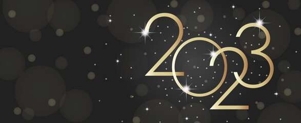 Wall Mural - Happy new year 2023. Gold paper numbers on dark background. Holiday greeting card design.