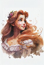 A Modern Day Princess Elegant Dress Pretty Beautiful Young Woman With Friendly Eyes Long Flowing Hair, Watercolor, Generative Ai