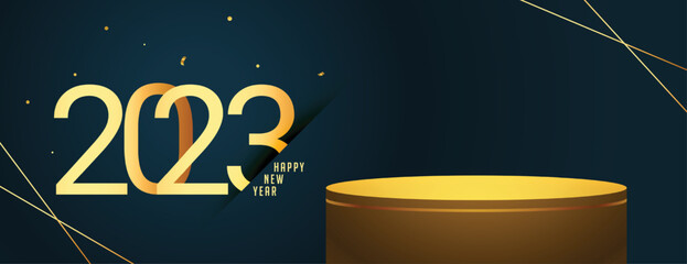 happy new year banner with golden 2023 text and 3d podium