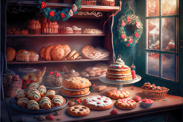 Wall Mural - midjourney abstract render of a christmas bakery