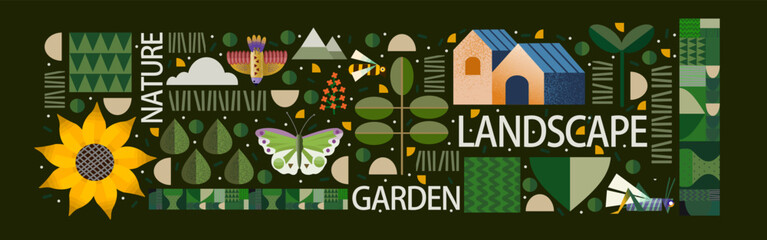 Wall Mural - Nature, landscape and garden. Vector illustration of geometric abstract plants, trees, flowers and houses. Drawings for background, pattern or poster