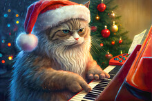 Cat In Santa Hat With Guitar And Keyboard, Christmas Carol