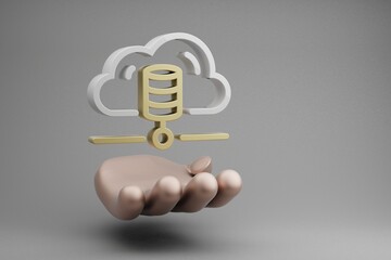 Aufkleber - Beautiful abstract illustrations Golden Hand Holding Cloud Database Server symbol icon on a gray background. 3d rendering illustration. Background pattern for design. Web Hosting.