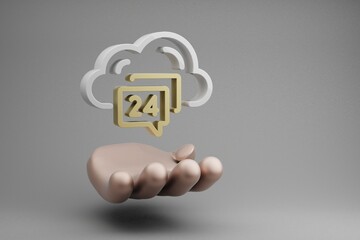 Fototapete - Beautiful abstract illustrations Golden Hand Holding Cloud Hosting Support 24 symbol icon on a gray background. 3d rendering illustration. Background pattern for design. Web Hosting.