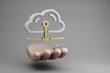 Aufkleber - Beautiful abstract illustrations Golden Hand Holding Cloud Server Download symbol icon on a gray background. 3d rendering illustration. Background pattern for design. Web Hosting.