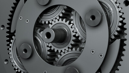 Wall Mural - Black planetary gear close-up. Dark gearbox. 3d render