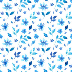  Watercolour blue flowers seamless pattern, hand drawn illustration. Floral on white background.