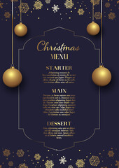 Sticker - Elegant Christmas menu design with hanging baubles and snowflakes